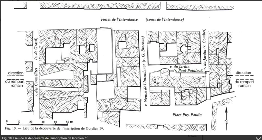 gravure enceinte romaine bordeaux burdigala, emplacement découverte