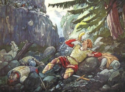 Roland soufflant dans son cor à Ronceveaux